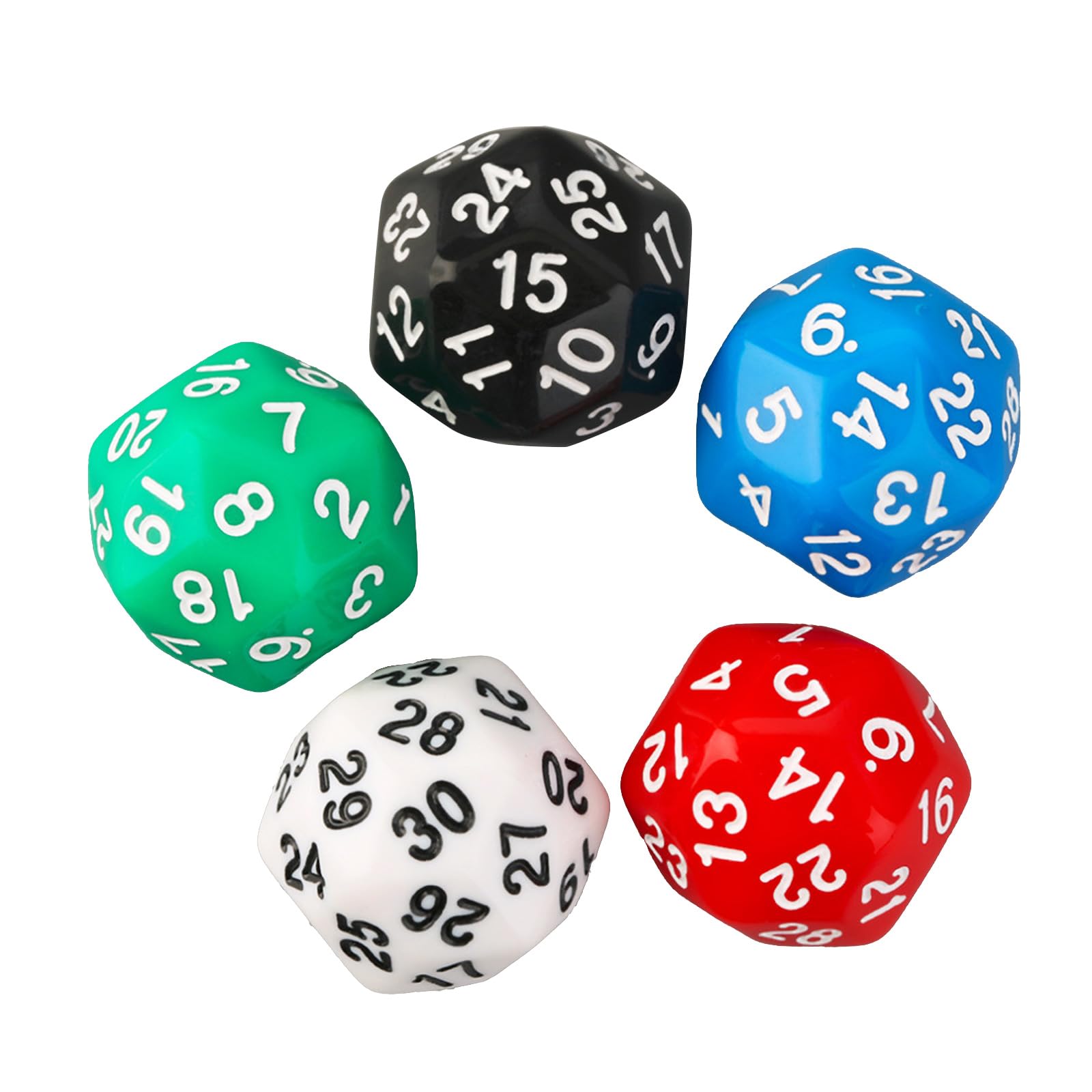 5 Pieces 30 Sided Dices D30 Polyhedral Role Playing Dices Pack RPG Board Game Dices Acrylic Dices Club Game Dices Kits 30 Sided Polyhedral Dices Set 5 Colors Dices Assortment Polyhedral Digital Dices