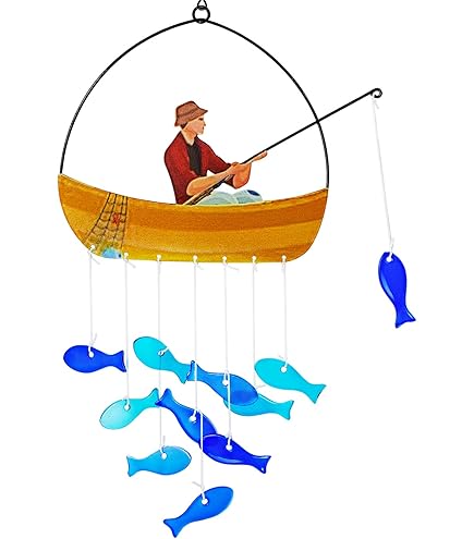 22.63 Inch Blue Glass Sea Fish Wind Chime - Handmade Ocean Theme Decor For Garden, Patio, Beach Wedding