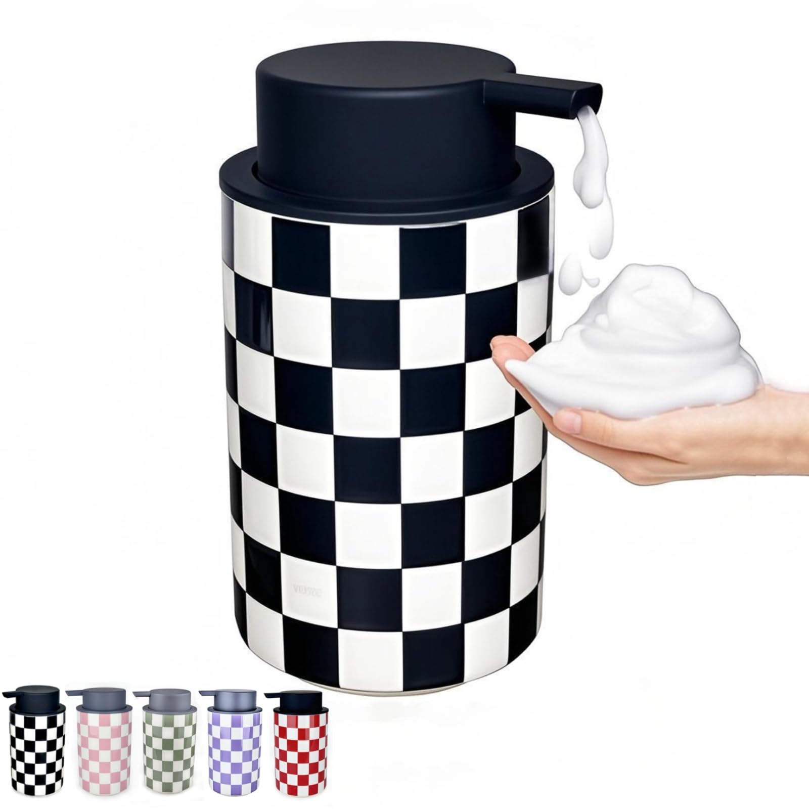 Photo 1 of Foaming Soap Dispenser, Foam Hand Soap Dispenser for Bathroom Countertop, Modern Black and White Foamy Hand Soap Refills Bottle for Kitchen,Bathroom-Checkered Bathroom Decor