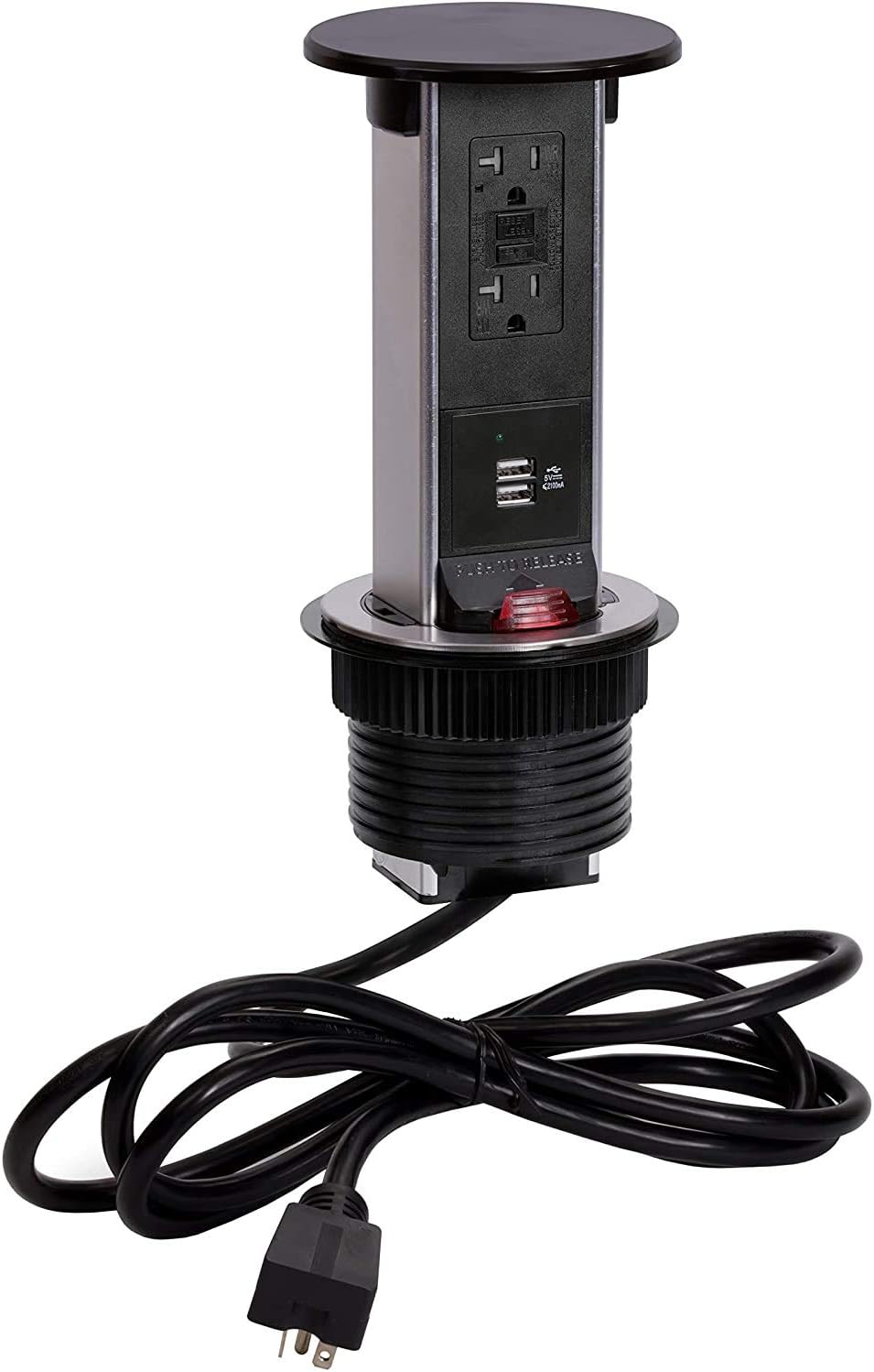 Lew Electric Round Pop Up Electrical Outlet Box for Countertops, QI Wireless Charging, 20 Amp GFCI Receptacle for Desks, Counters, Tables, and More - Black (Model PUR20-RBK-GFI-2USB-QI)