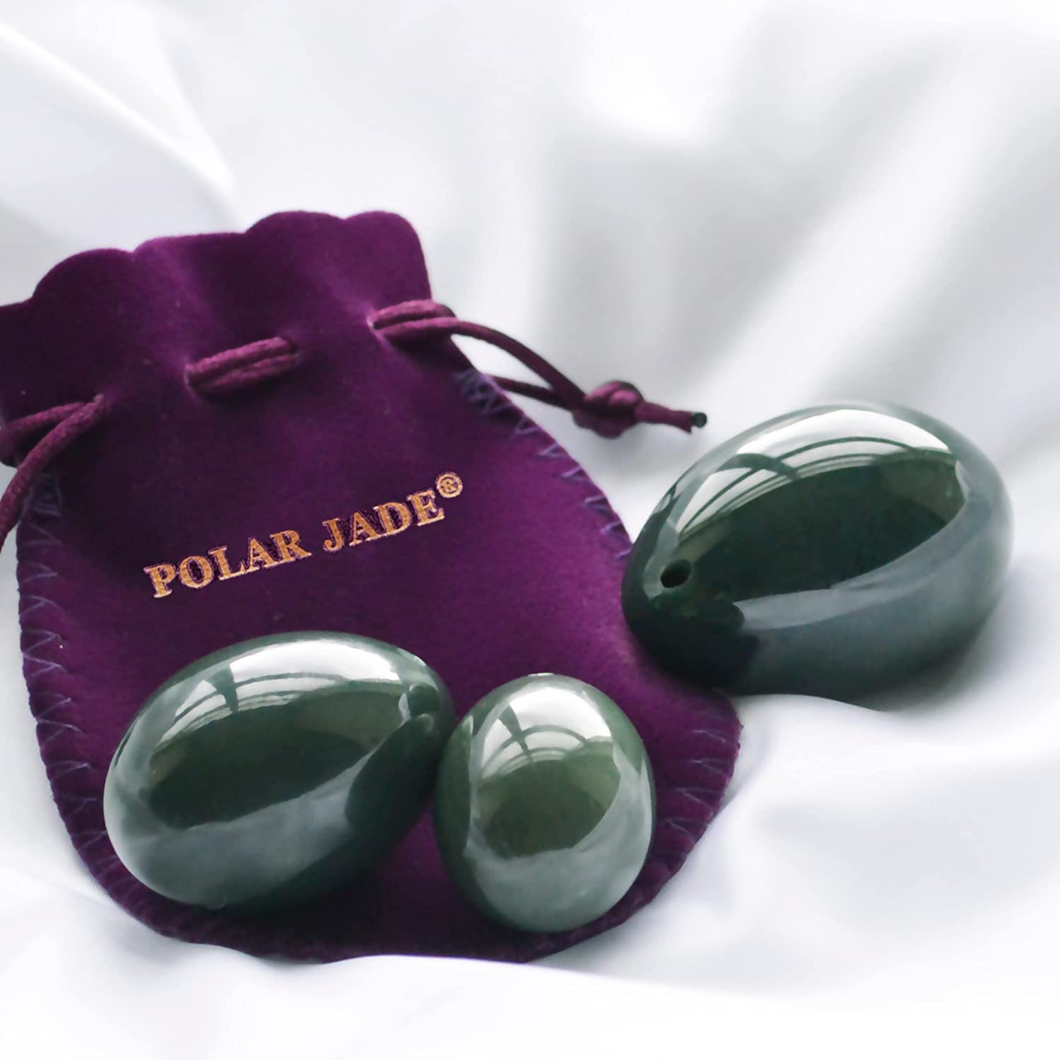 Nephrite Jade Eggs Set of 3, Large, Medium and Small 3 Sizes, Drilled, with Unwaxed String, Cleaning Brush, User Instructions and Authentic Certificate, as Exercisers to Strengthen Pelvic Muscles to Gain Better Bladder Control, by Polar Jade