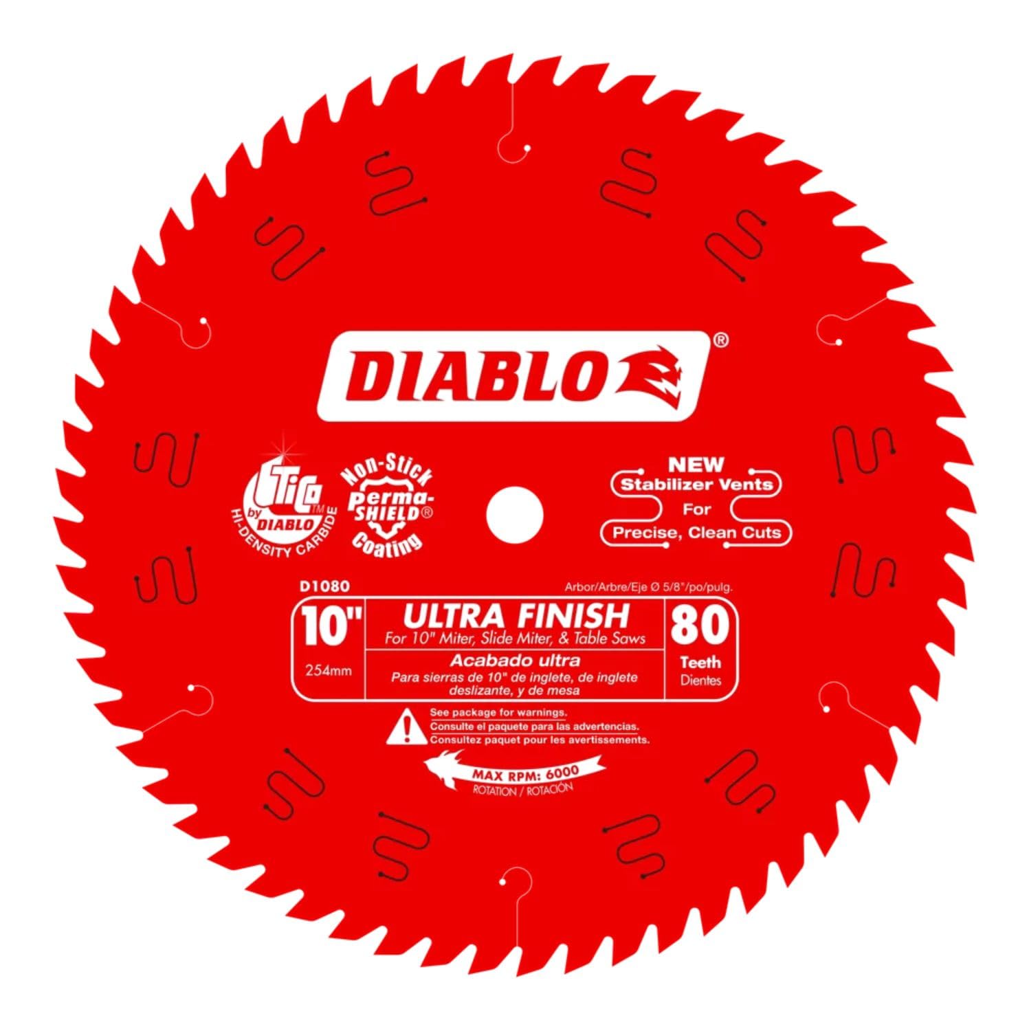 Hoja de sierra Diablo Ultra Finish para madera - 10 de diámetro, 80 dientes Hi-ATB, eje de 5/8, ranura de 0,098, ángulo de gancho de 15°, placa de 0,071, 6000 RPM máx. - D1080X