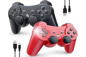 OKHAHA Controller for PS3 Controller Wireless for Sony Playstation 3 Controller, Double Shock 3, Rechargeable, Motion Sensor, Remote for PS3, 2 USB Charging Cords, 2 Pack, Black + Red