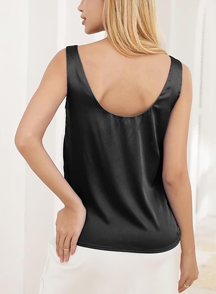 LUXVEER SILK TOPS FOR WOMEN DRESSY SCOOP NECK LAYERING TANKS CHIC SUMMER SLEEVELESS BLOUSES BLACK