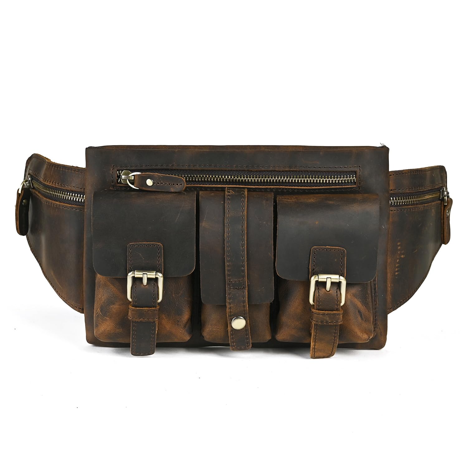 Handadsume Thick Crazy Horse Leather Hiking Riding Travel Outdoor Belt Bag Fanny Waist Pack Small Phone Pouch for Men Women 380 (381 Brown)