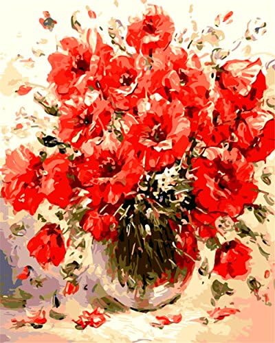 DIY Paint by Numbers for Adults Beginner, Komidea Paining Paint by Number Kits on Canvas with Brush, Red Flower 16x20inch