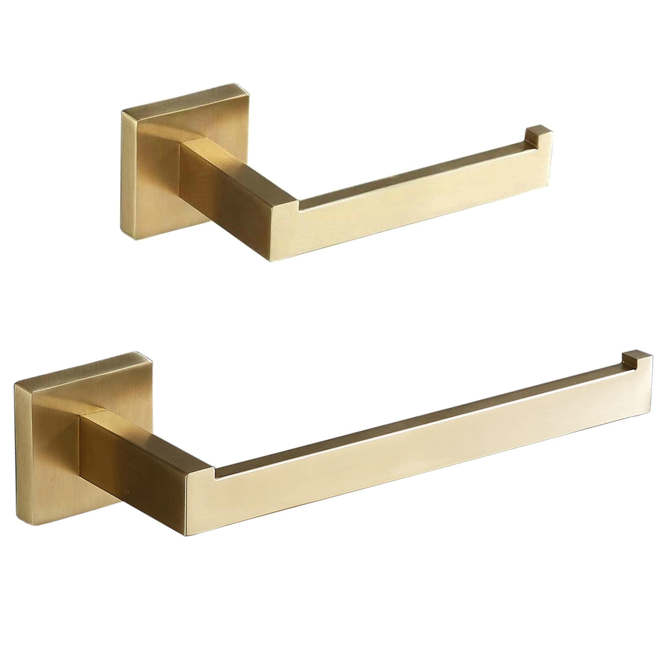 SHUNLI Gold Toilet Roll Holder + Hand Towel Holder, Brushed Gold Bathroom Accessories Hardware Set, Wall Mounted Toilet Paper Holder Towel Bar, SUS304 Stainless Steel