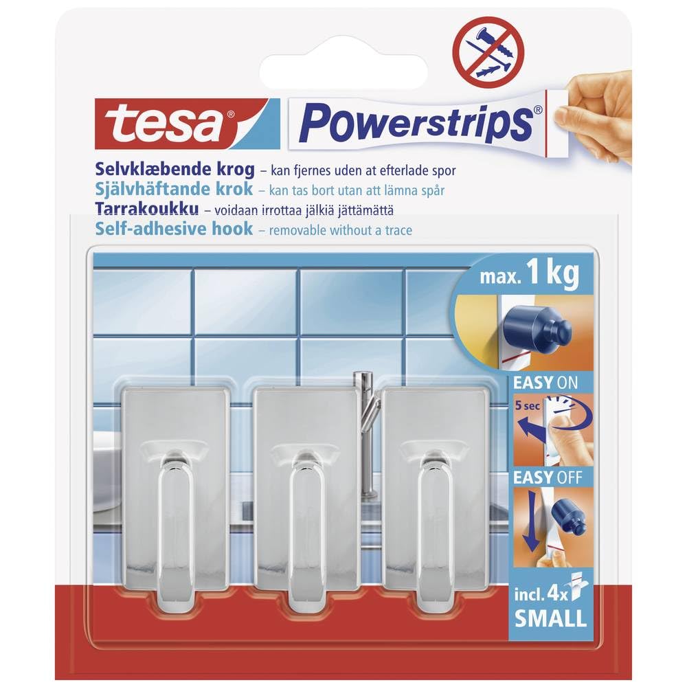 tesa UK Powerstrips Hooks Small RECTANGLE/CHROME EFFECT Removable Self-Adhesive Wall Hook for Glass, Tiles, Wood, Plastic and Other Surfaces - Waterproof - Strong Hold up to 1 kg