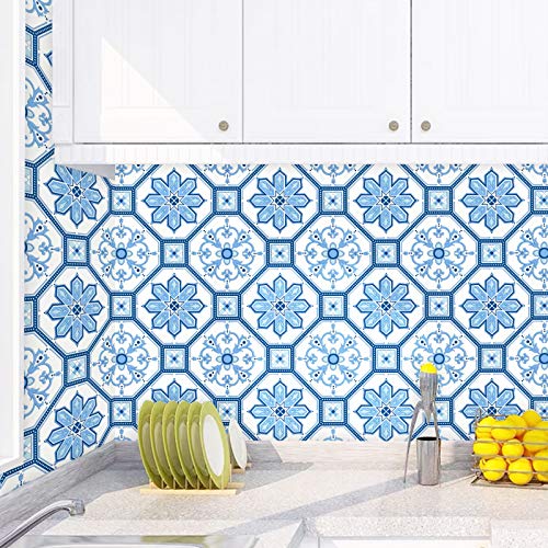 Blue and White Tile Contact Paper Self Adhesive 17.7”x118” Navy Flower Peel and Stick Wallpaper Removable Waterproof Paper for Kitchen Backsplash Bathroom Wall Shelf Drawer Liner Decor Vinyl Roll