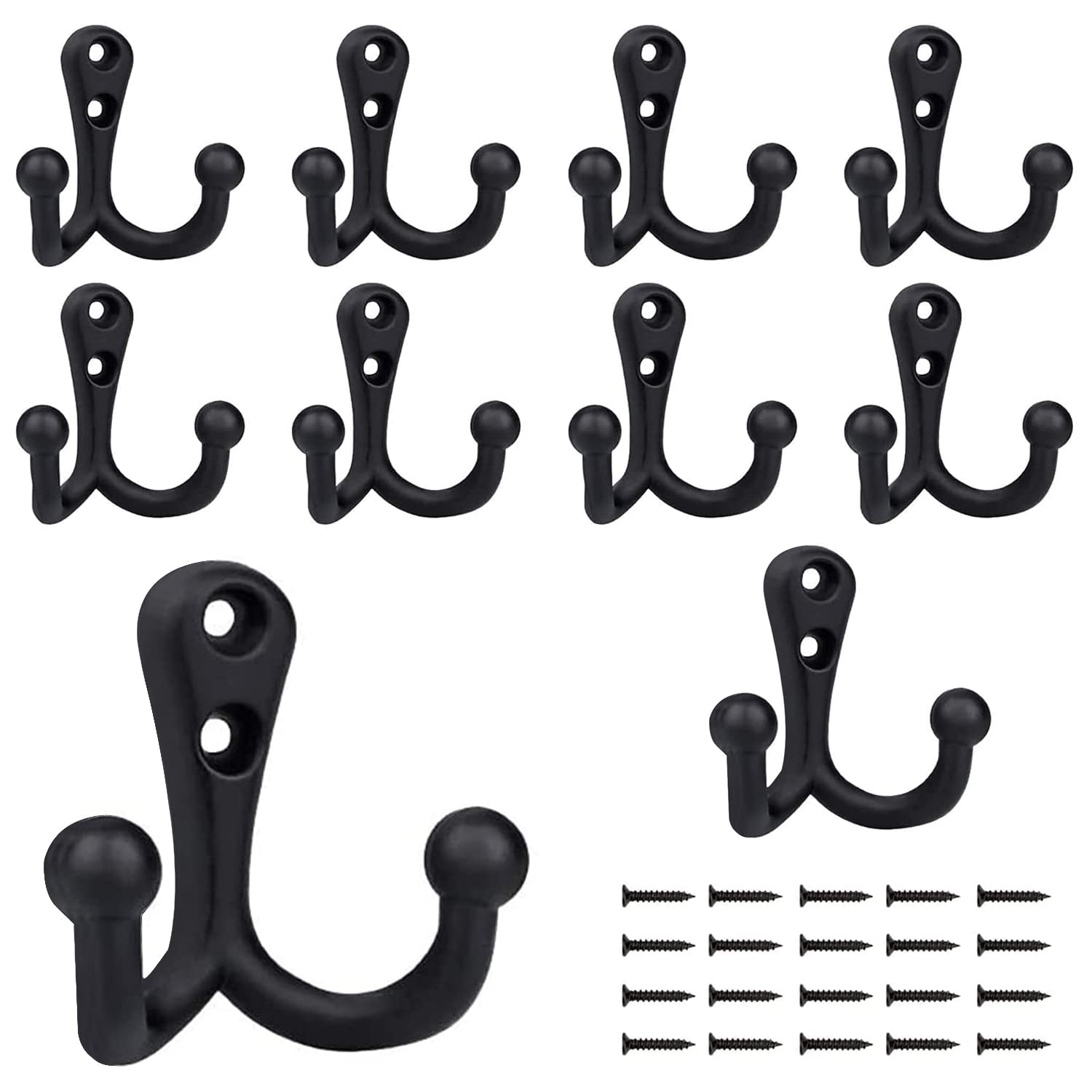 BIGLUFU 10Pcs Coat Hooks Heavy Duty Double Prong Wall Mounted with 20 Screws Retro Double Robe Hooks Utility Hooks for Coat, Scarf, Bag, Towel, Key, Cap, Cup, Hat (Black) (10 Pack)