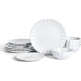 Earth & Clay Phoenix 12-Piece Stoneware Dinnerware Set, Plates and Bowls Set, Dishwasher and Microwave Safe, Dish Set for 4, White