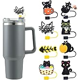 8 Pack Black Cat Straw Cover Toppers, Silicone Reusable Straw Cover Caps, Drinking Dust Proof Tips Lids for Tumbles Cups Accessories