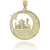 10K Yellow, White, or Rose Gold Islamic Charm Mosque Crescent Moon and Star Pendant - Choice of Metal