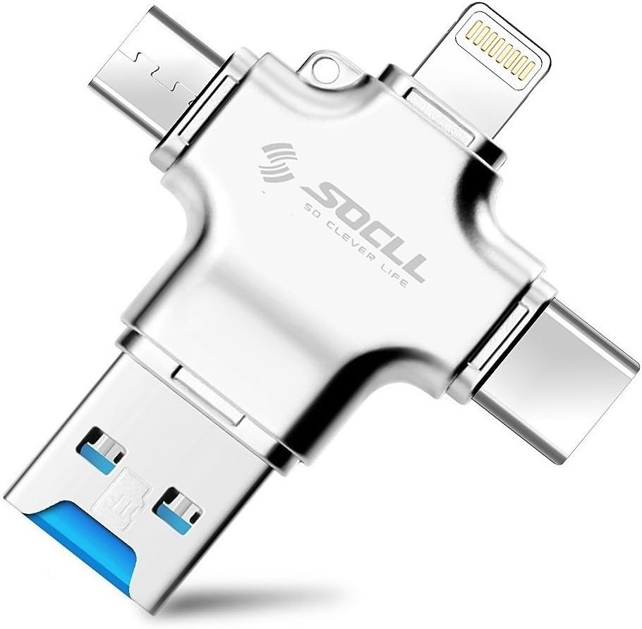 Card Reader,4 in 1 Card Reader with Lightning Type C USB Micro USB Connector, TF Flash Memory Micro SD Card Card Reader for iPhone,iPad,Android,Mac,PC,USB(Sliver)
