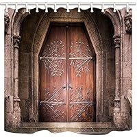 KOTOM Door Decor Shower Curtain, Old Medieval Entrance Wooden Iron Doors Stone Castle Church, Polyester Fabric Bath Curtains with Hooks 69W X 70L Inches