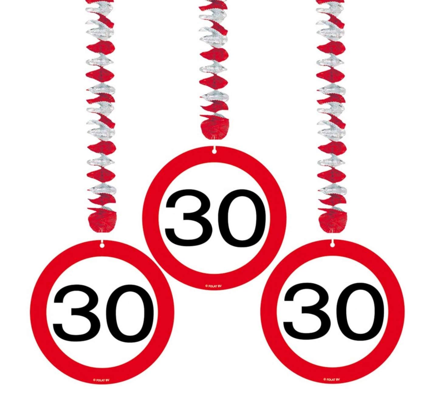 Traffic Sign 30th Party Hanging decor Pack of 3, 3 Traffic Sign Designs on foil spiral hanging decorations