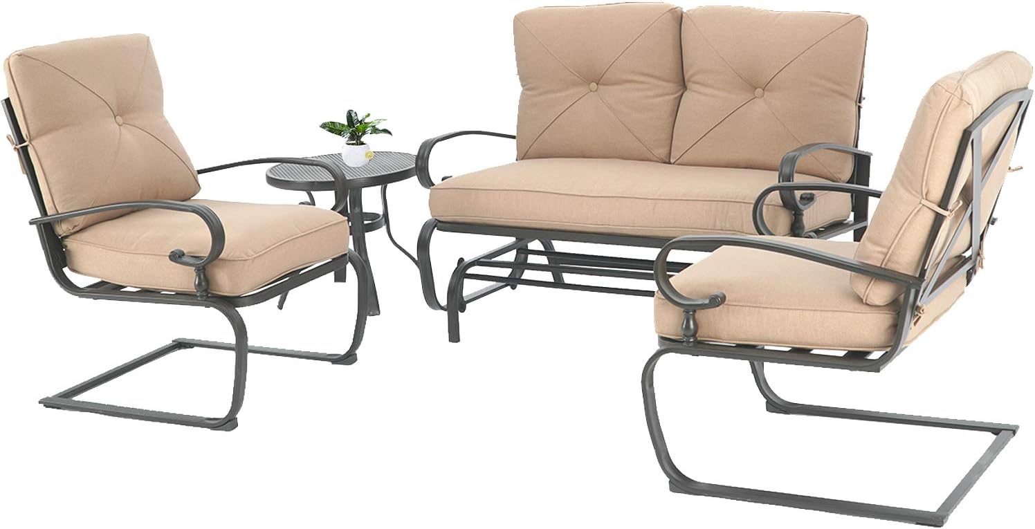 Oakmont Outdoor Furniture Patio Conversation Set Glider Loveseat, 2 Chairs with Coffee Table Spring Lounge Chair Sets Metal Frame Wrought Iron Look (Brown)