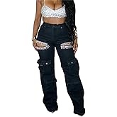 Women's High Waist Baggy Cargo Jeans Sexy Rhinestones Ripped Straight Wide Leg Denim Pants Y2K Streetwear with Pockets