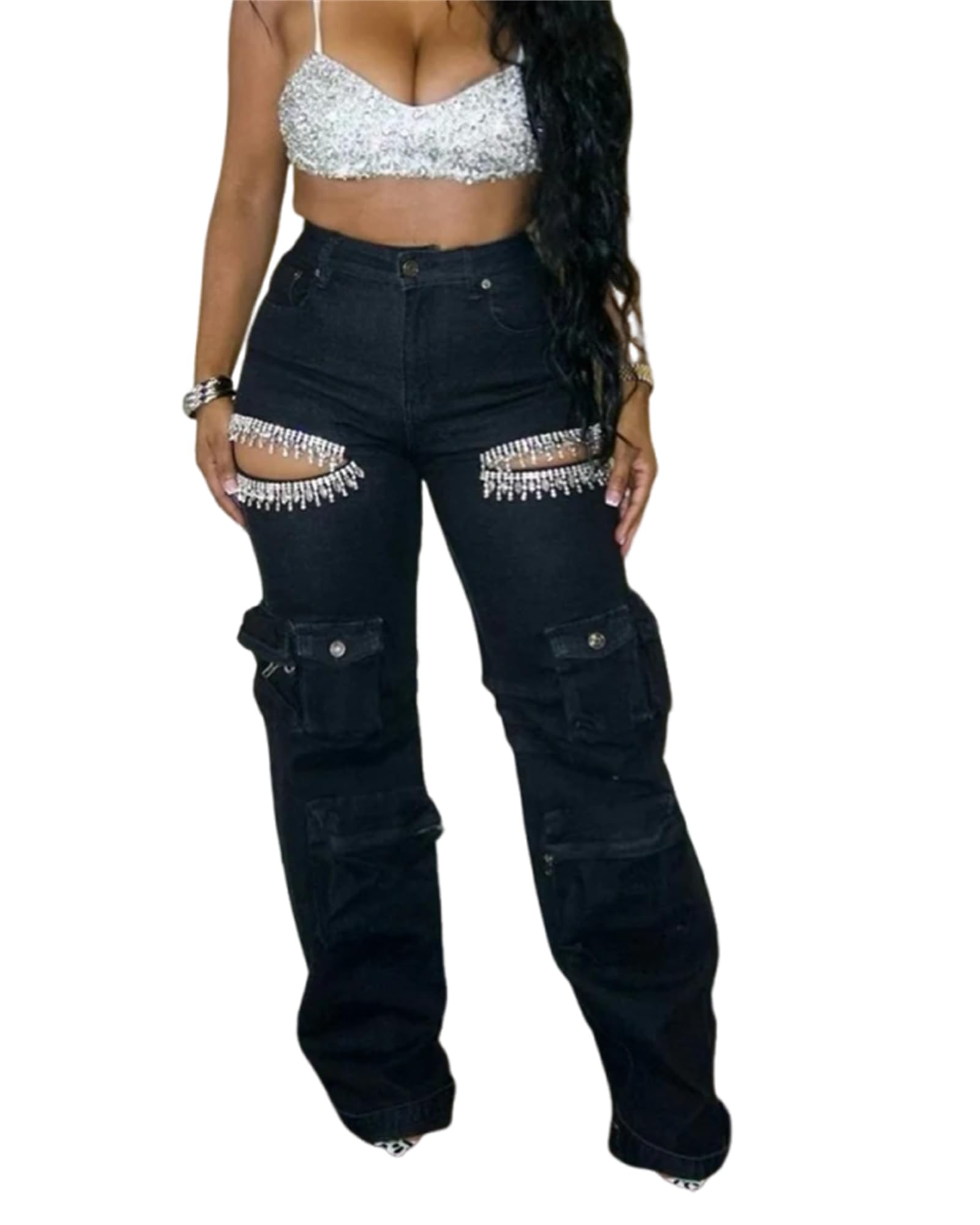 Photo 1 of Women's High Waist Baggy Cargo Jeans Sexy Rhinestones Ripped Straight Wide Leg Denim Pants Y2K Streetwear with Pockets Black