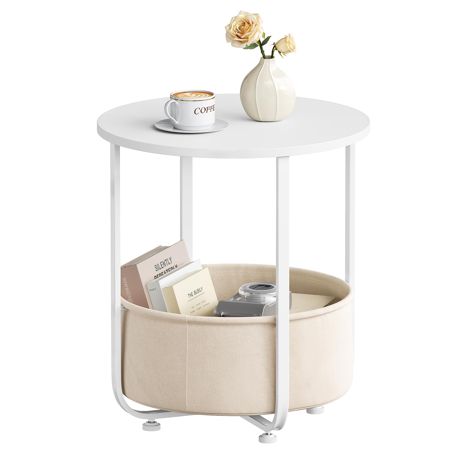 WOLTU Couchtisch rund, Kleiner Beistelltisch, mit abnehmbarem Stoffkorb, Metallrahmen, für Sofa Wohnzimmer Schlafzimmer, Weiß + Beige