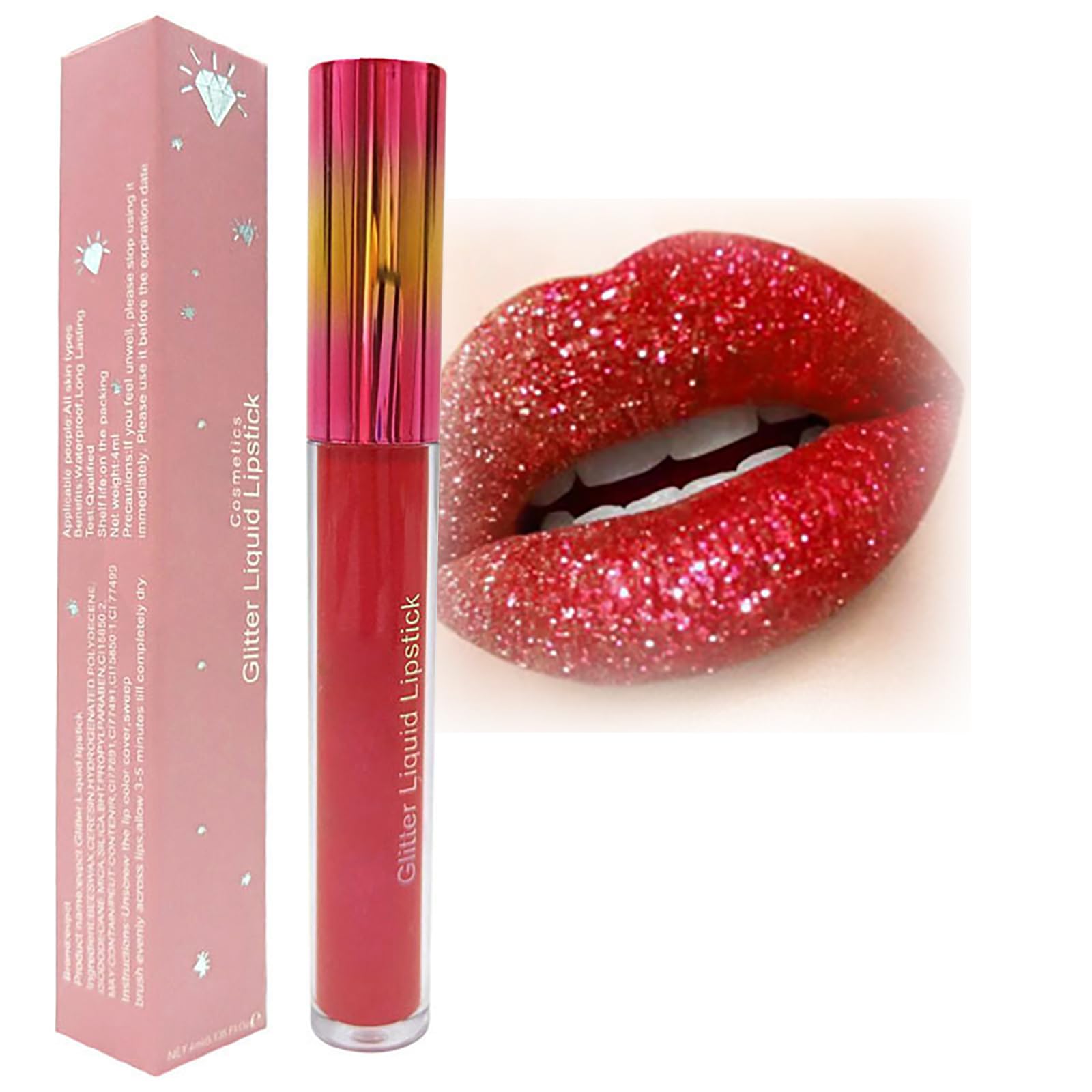 Sparkling Red Metallic Lipgloss, Long-Lasting Diamond Shimmer with Glitter, High-Pigment Matte Liquid Lipstick, Non-Sticky, Waterproof Lip Stain for Girls and Women's Makeup