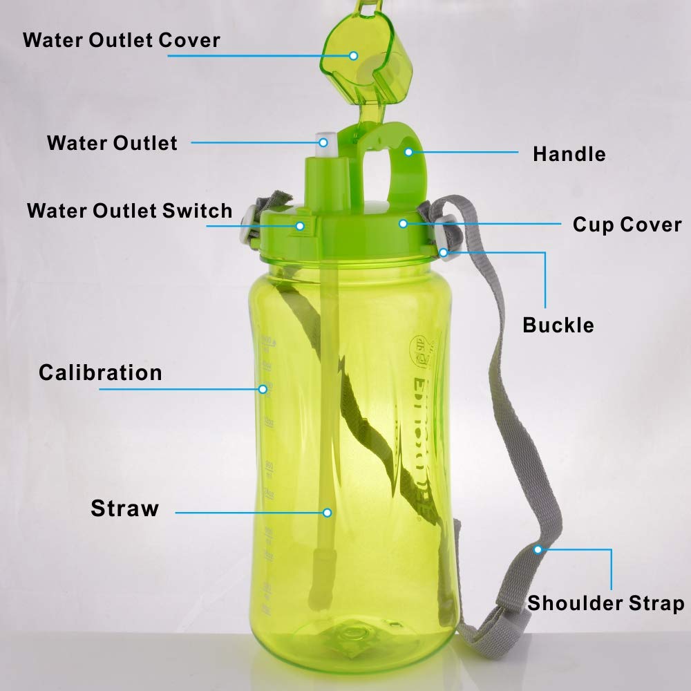 Water Bottle 1.5L / 1500ml / 51.25oz Outdoor Cup Large Capacity Plastic Queen Wide Mouth Leak Proof for Sports Camping Hiking Gym Picnic (Green, 1500ml)
