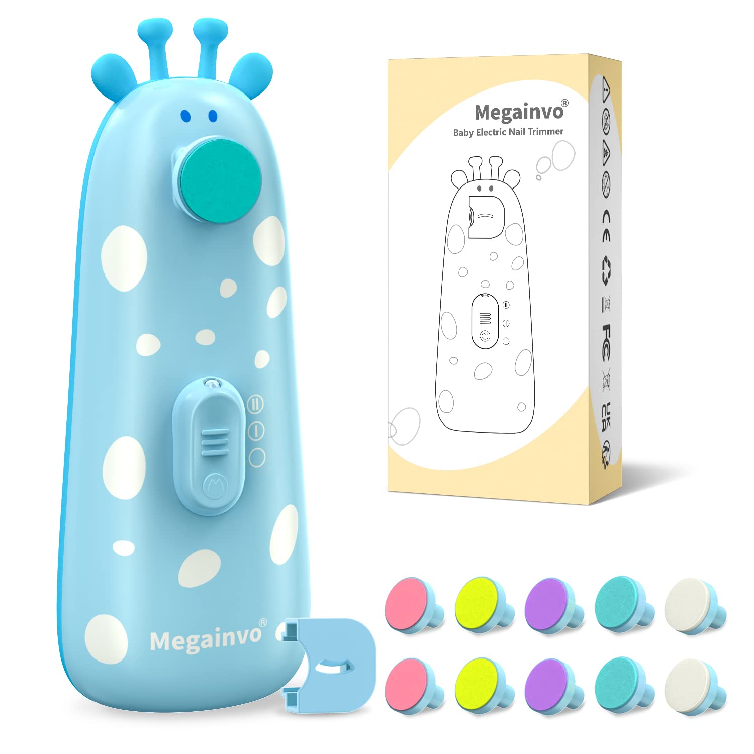 Megainvo Baby Nail File Electric,Safe Baby Nail Trimmer with 10 Grinding Heads,Whisper Quiet,LED Light Baby Nails Clippers Electric for Baby Newborn Toddler Fingers&Toenails Kits,Blue