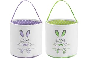Waarms 2 Pack Easter Bunny Basket Bags for Kids, Canvas Cotton Personalized Egg Basket Hunt Bags Cute Rabbit Print Buckets for Easter Eggs, Candy, Gift (Green, Purple)