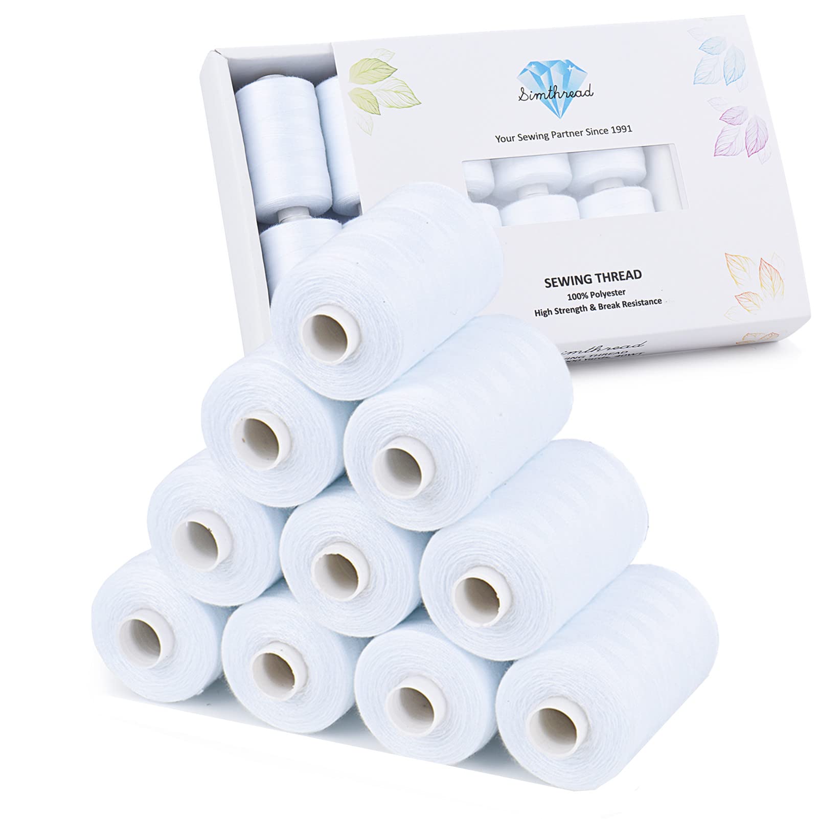 Simthread All Purpose Sewing Thread, 10 Spool 1000 Yards Each Bobbin Polyester Thread for Sewing, Handy Polyester Sewing Threads for Sewing Machine (White Series) — image 1