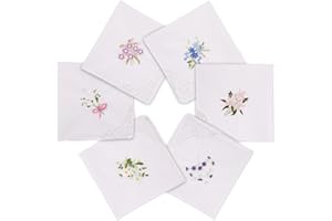 6pcs Cotton Handkerchiefs, White Floral Vintage Lace Handkerchiefs Flower Embroidered Hankies for Women Ladies Wedding Party 
