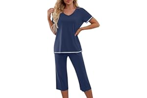 Sdwingk Women's Pajama 2 Piece Sets Short Sleeve Tops and Capri Pants Printed Sleepwear Comfy Loungewear Casual Lounge Set