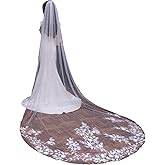 Fubney Wedding Veil Pearls Lace Flower Bridal Veils with Metal Comb,1 Tier Cathedral Length Veils for Bride Dress