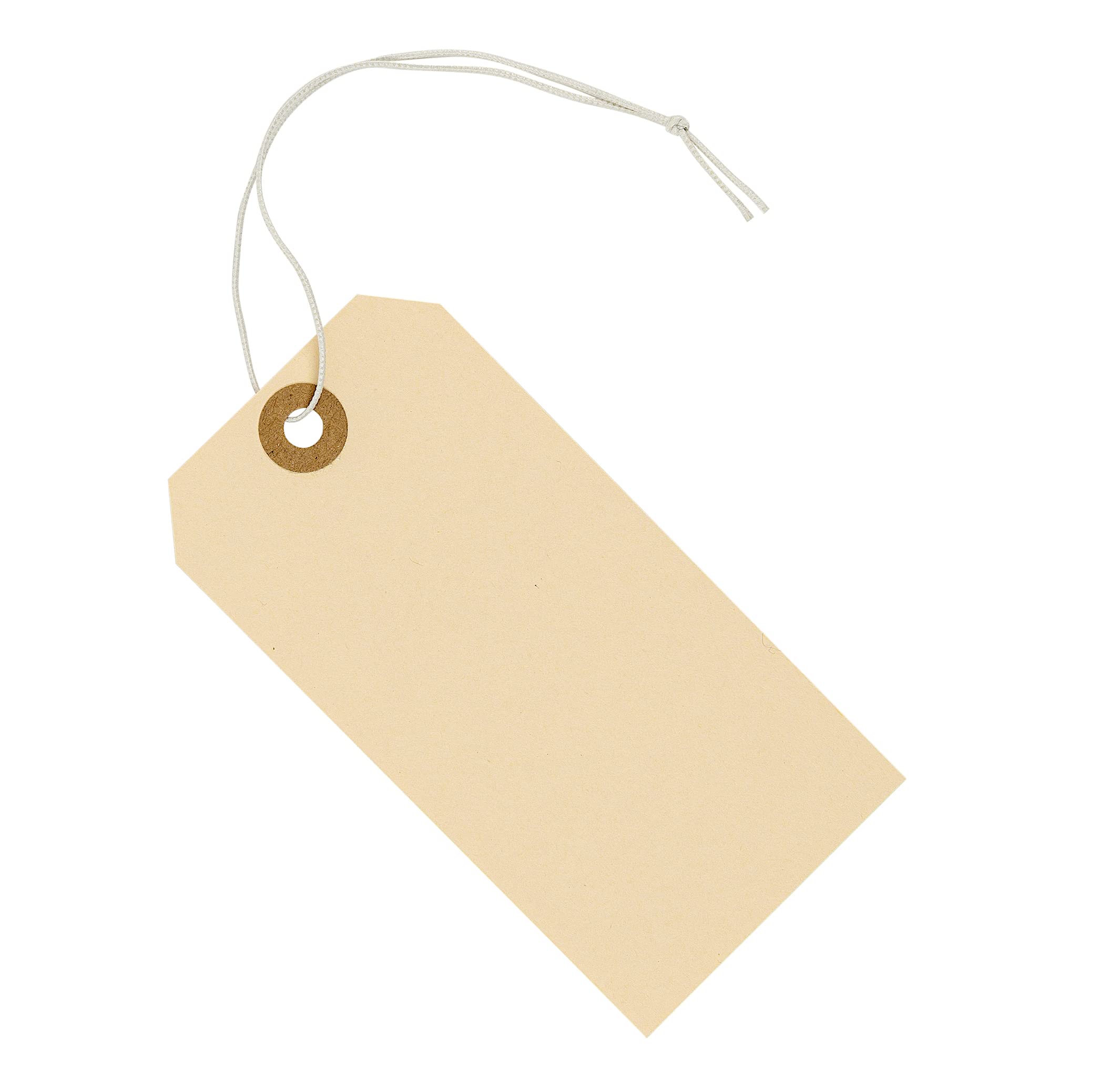 Photo 1 of Tags with Elastic String Attached - #5, 4 3/4" x 2 3/8" Box of 100 Manila Paper Label Tags with Elastic Loop and Reinforced Hole