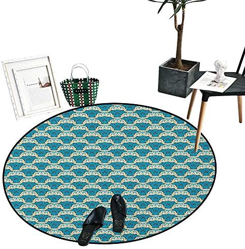 Damask Home Decor Circle Area Rug Floral Ornament in Vivid Blue Western Art Inspiration in Victorian Era Indoor/Outdoor Round Area Rug （24" Diameter） Sky Blue Cream Grey