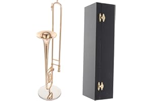 ROMISBABA Copper Trombone Model 11cm Small Copper Instrument Decor Black Leather Case and Stand for Indoor