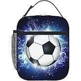 YIJIUWKIS Sports Lunch Box with Soccer Pattern Print, Blue Insulated Lunch Bag for Kids Teens Boys Girls, Reusable Lunch Bag Ice Packs Containers Tote Handbag with Water Bottle Holder and Handle