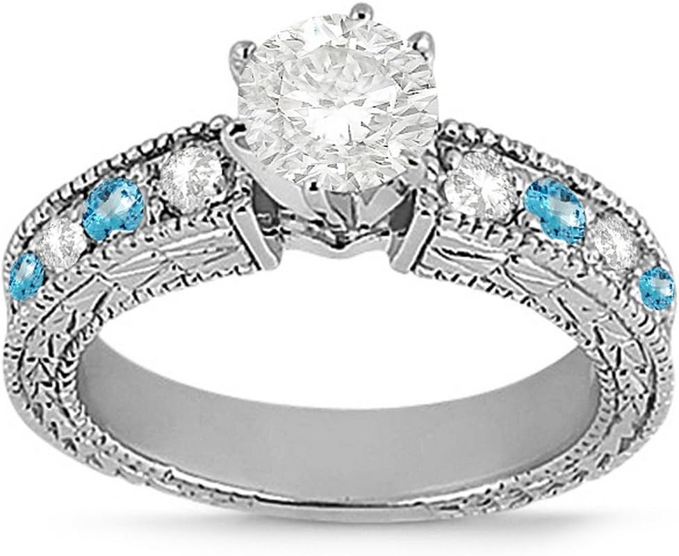 Antique Ring Setting Natural Diamond and Blue Topaz Engagement Ring 18 karat White Gold (0.75ct)