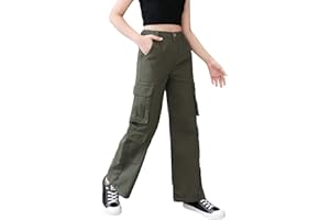 SweatyRocks Girl's Casual Elastic Waist Zip Up Denim Pants Straight Leg Cargo Jeans with Pocket