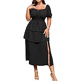 Women's Plus Size Summer Dress 2026 Puff Short Sleeve Spring Wedding Floral Slit Flowy Tiered Layer Ruffle Maxi Dresses