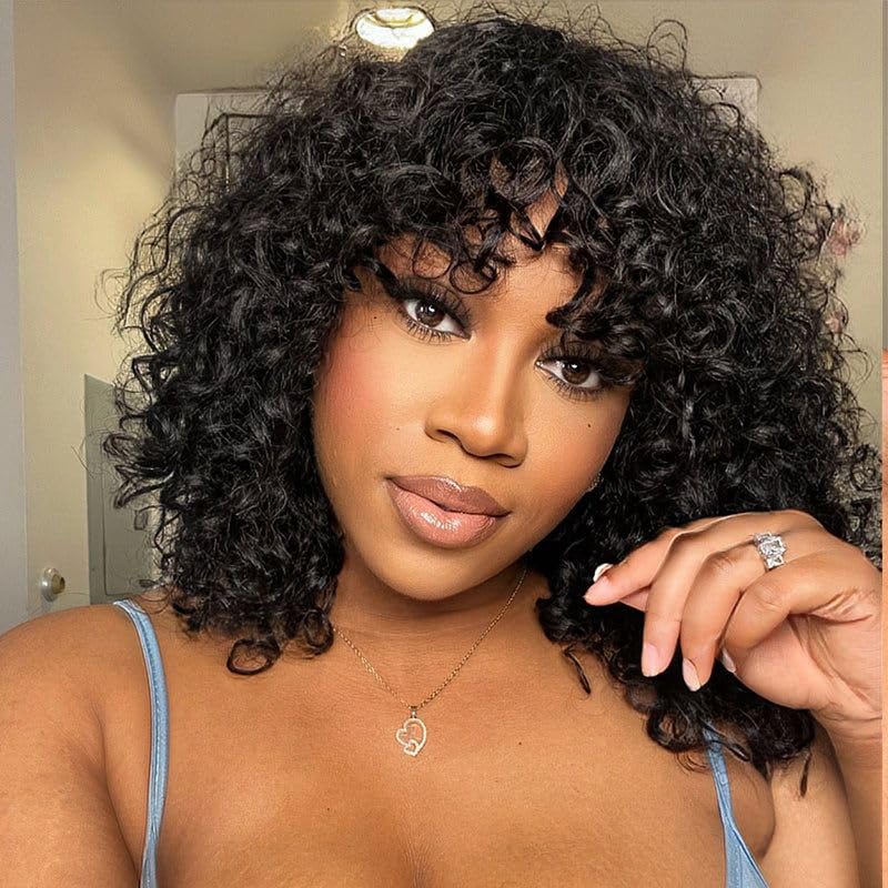 JOEDIR HAIR Short Curly Wig with Bangs 14 inch Water Wave Human Hair Wig for Black Women Jerry Curl Bob Wig 150% Density Non Lace Front Glueless Wig Natural Black