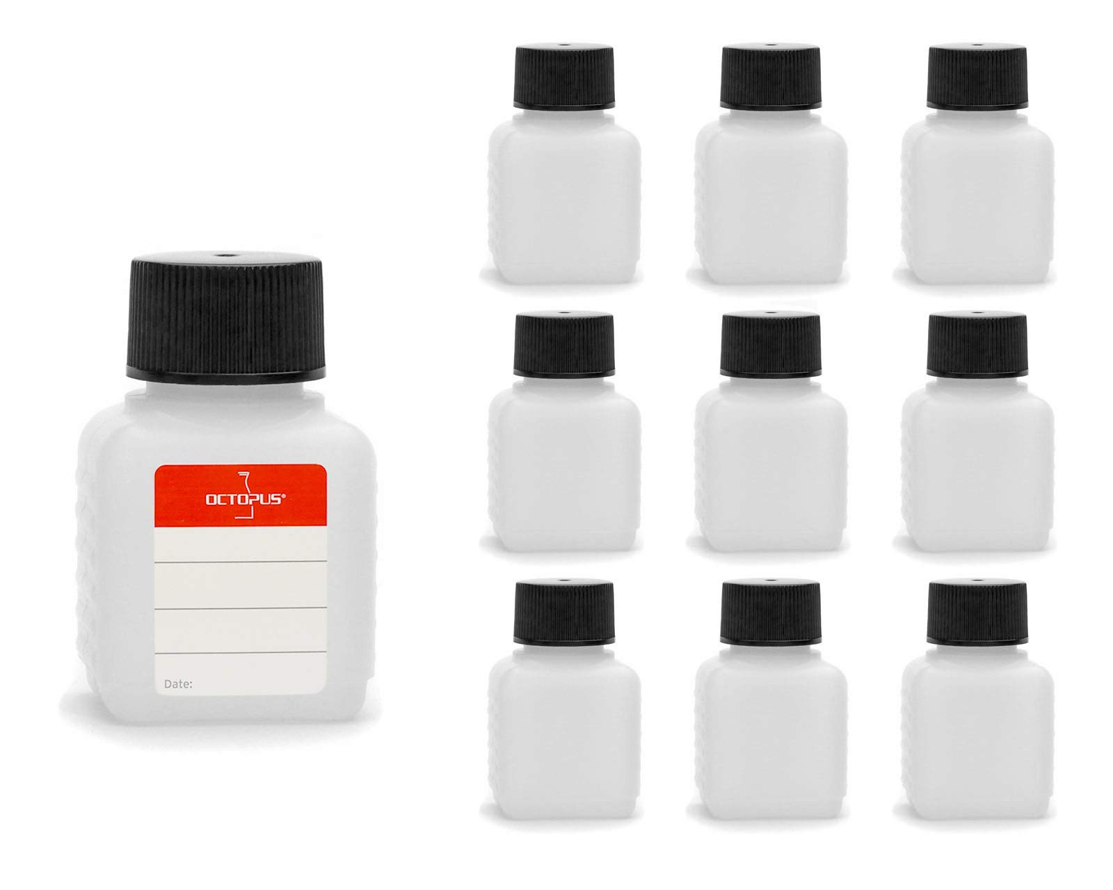 Octopus 10 x 50 ml plastic bottles, HDPE plastic bottles with black screw cap, empty bottles, incl. 10 labels