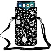 Braytow Neoprene Cell Phone Pouch 7.5 X 4.3 in Cloth Mobile Protection Case Bag with Crossbody Strap Neck Lanyard Cell Phone Case Doodle Stars and Moons