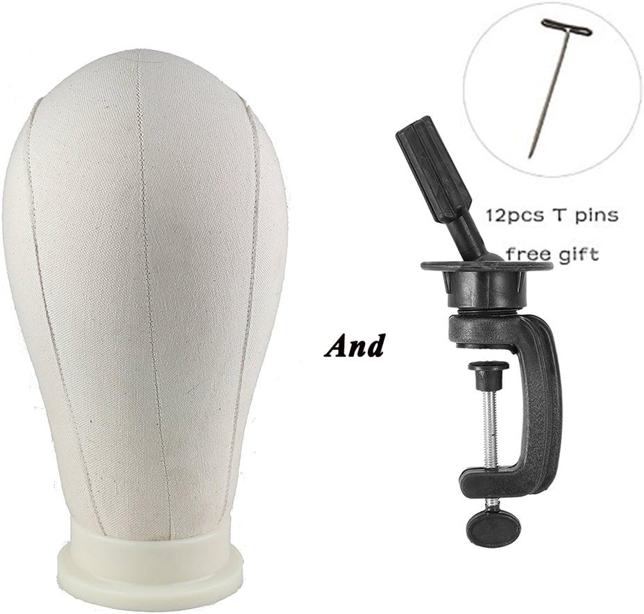 YongerBeauty Canvas Block Wig Head Mannequin Head for Making Wigs/Display with C-Clamp Wig Stand and 12Pcs T-pins 12Pcs (Circumference Size:21.5 inch)
