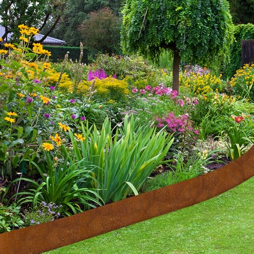 Vehipa Garten Rasenkante aus Cortenstahl 10 m x 14 cm Cortenstahl Rasenkante für DIY-Rasen, Rasenkantenband mit Rost inklusive 1 Paar Handschuhe, Rasenkanten Corten-Stahl Beeteinfassung für Garten