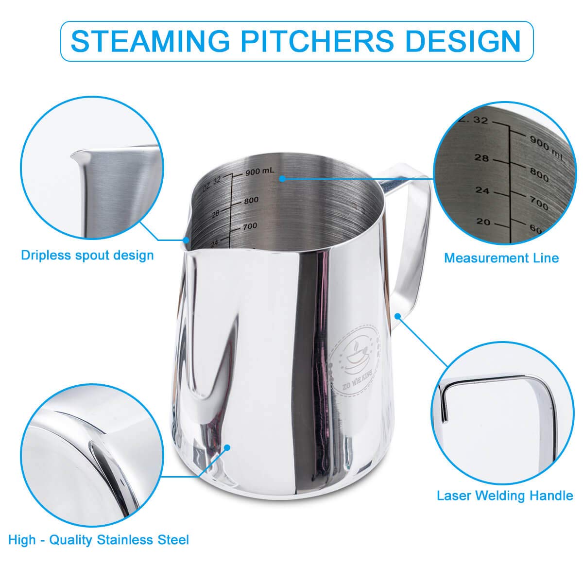 Milk Frothing Pitcher 32oz,Espresso Steaming Pitchers 900ml,Espresso Machine Accessories,Milk Frother Cup 32 Oz,Coffee Cappuccino Latte Art,Stainless Steel Jug