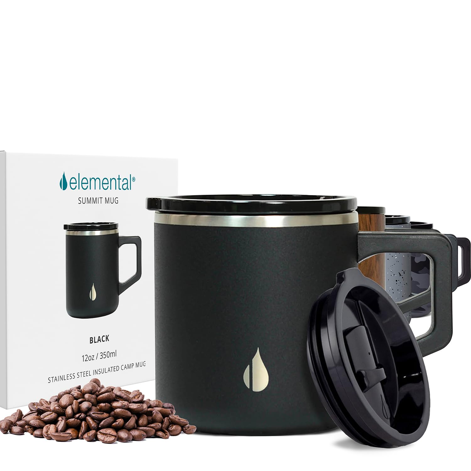 Elemental Insulated Coffee Mug - Triple-Wall Stainless Steel Summit Travel Cup for Hot and Cold Drinks - Thermal Coffee Mug with Lid and Handle for Camping, Office & Travel 350ml - Black