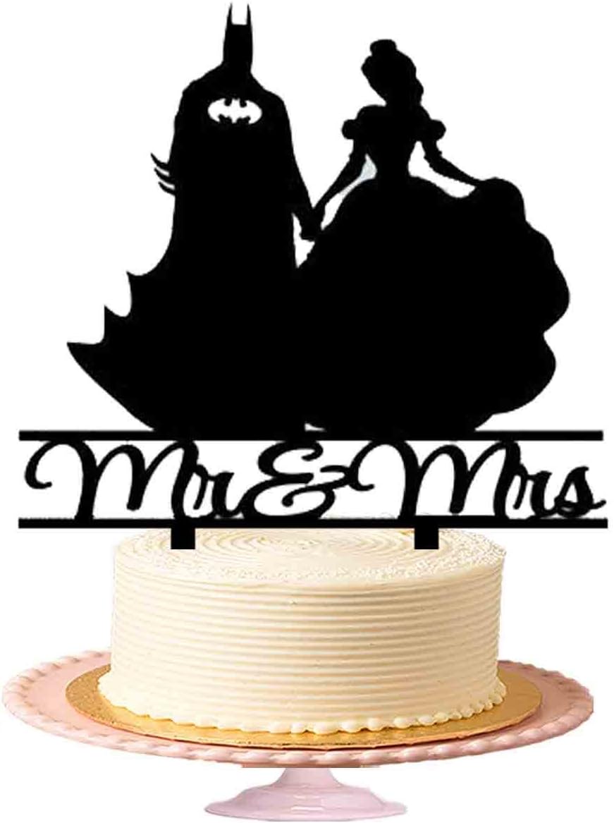 "Mr & Mrs" with Batman & Wonder Women Wedding Cake Topper, Wedding Anniversary Cake Topper Acrylic Cake Topper in Shiny Black (Design-#-2)