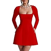 BORIFLORS Women's Square Neck Long Sleeve Mini Dresses Corset Basic A-line Party Short Dress