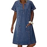 loveimgs Women Casual Short Sleeve Denim Dress V Neck Tunic Mini Jean Shift Dress Jumper Knee Length Boho Sundress Pocket