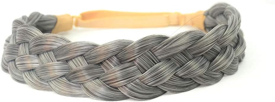 BOBIYA 5 Strand Synthetic Hair Braided Headband Classic Chunky Wide Plaited Braids Elastic Stretch Hairpiece for Women Girl (Salt Pepper)
